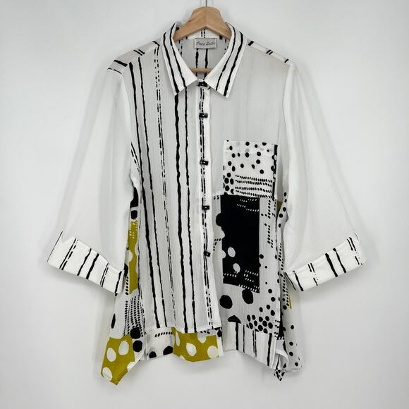 Paco Soler Button Top Womens Large Moon Light Print Yellow Black Abstract Blouse - Picture 1 of 11